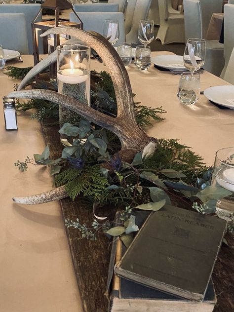 Custom Themes: “The BUCK Doesn’t Stop Here – 15 Years and We Still Do” Deer Skull Wedding Decor, Antler Table Centerpiece, Hunting Centerpiece Ideas, Elk Horn Decor Ideas, Antler Wedding Centerpieces, Antler Wedding Decor, Hunting Wedding Theme, Hunters Wedding, Unconventional Christmas Trees