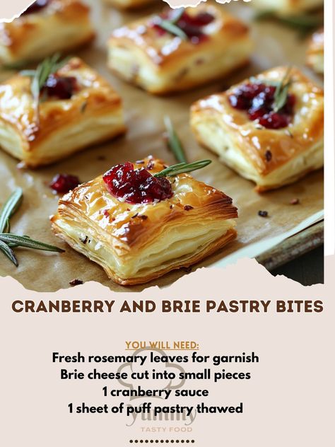 🎉 Try these irresistible Cranberry and Brie Pastry Bites for a festive flavor explosion! 🧀🍇🥐 Recipe: Cranberry and Brie Pastry Bites Ingredients: - 1 sheet of puff pastry, thawed - 1/2 cup cranberry sauce - 8 oz Brie cheese, cut into small pieces - Fresh rosemary leaves, for garnish Instructions: 1. Preheat oven to 400°F (200°C) and line a baking sheet with parchment paper. 2. Roll out the puff pastry and cut into squares. Place them on the baking sheet. 3. Add a dollop of cranberry sauce ... Puff Pastry And Bree, Sausage Cranberry Brie Bites, Puff Pastry Leaves, Maple Cranberry Baked Brie, Brie And Cranberry Puff Pastry, Puff Pastry Brie Bites, Cranberry Brie Bites Puff Pastries, Cranberry Brie Pull Apart Bread, Brie Bites Puff Pastry