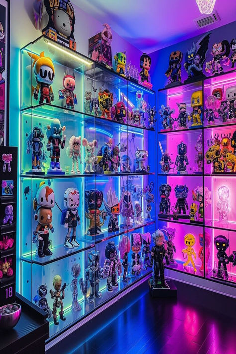 A meticulously organized bedroom display featuring a variety of action figures and collectibles, illuminated by neon lights - perfect inspiration for Hype Beast Bedroom Ideas. Action Figure Room, Figure Room Ideas, Collectible Display Ideas, Hype Beast Bedroom Ideas, Figures Collection Display, Action Figure Display Ideas, Figure Display Ideas, Toy Display Ideas, Figure Collection Display