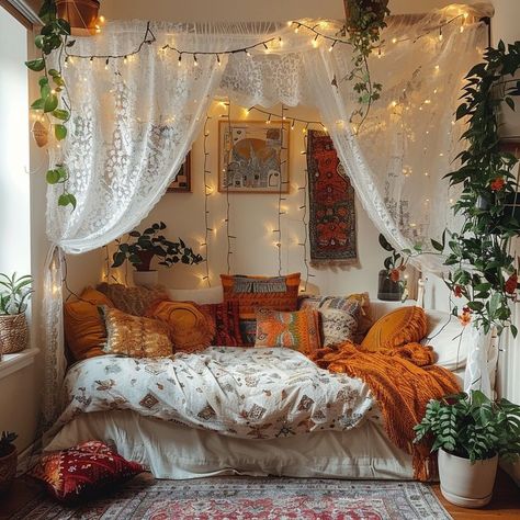 Bohemian rustic canopy bed draped with sheer white fabric in a warmly lit room, surrounded by vibrant pillows, lush indoor plants, and twinkling string lights. A tranquil and warm bedroom retreat showcasing eclectic decor. Middle Eastern Bedroom, Bed Against Wall, Canopy Bed Diy, Interior Design Principles, Sustainable Interior Design, Starting Fresh, Tranquil Bedroom, Popular Interior Design, Bohemian Rustic