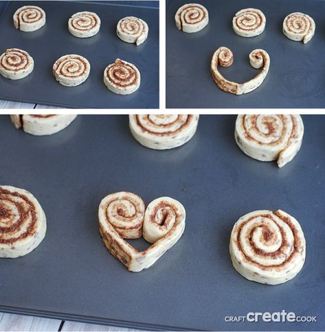 Valentine Cinnamon Roll Hearts are adorable, easy to make and perfect for Valentines breakfast! Cinnamon Roll Hearts Valentines Day, Valentine Cinnamon Roll Hearts, Heart Treats Valentine Ideas, Simple Valentines Dessert Ideas, Heart Shaped Cinnamon Rolls Pillsbury, Cinnamon Roll Hearts, Fun Cinnamon Roll Shapes, Valentine’s Day Cinnamon Rolls, Valentines Cinnamon Rolls