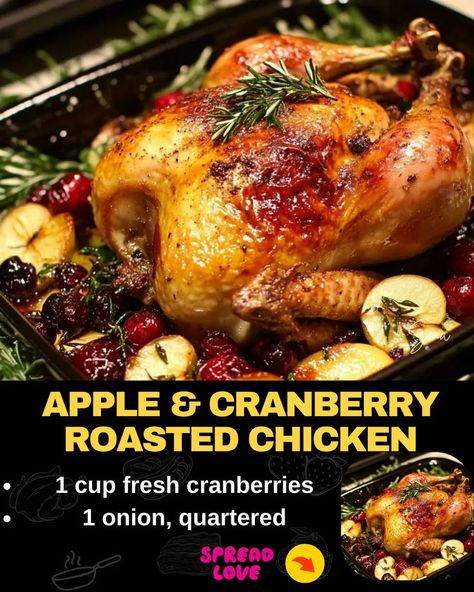 Apple & Cranberry Roasted Chicken Cranberry Roasted Chicken, Apple Butter Roasted Chicken, Whole Chicken Recipes For Thanksgiving, Roasted Chicken For Thanksgiving, Cranberry Turkey Recipes, Christmas Roasted Chicken, Autumn Roasted Chicken, Fall Whole Chicken Recipes, Christmas Roast Chicken Recipes