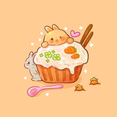 cute carrot cake cupcake with bunny siblings Carrot Cake Illustration, Carrot Cake Drawing, Cute Carrot Drawing, Cute Carrot Cake, Cute Cupcake Drawing, Carrot Drawing, Dessert Drawing, Bunny Food, Cake Background