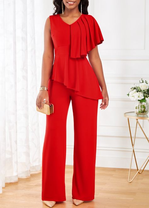 Red V Neck Sleeveless Ruffle Jumpsuit | Rosewe.com - USD $35.98 Trendy Jumpsuit, Rompers For Women, Rompers Online, Ruffle Jumpsuit, Jumpsuits And Rompers, Red Jumpsuit, Jumpsuit Party, Trendy Fashion Outfits, Latest African Fashion Dresses