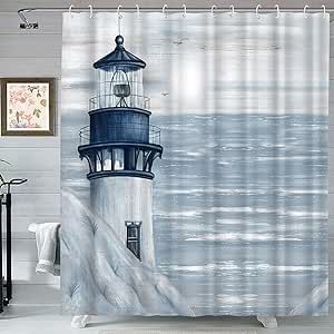 Lighthouse Bathroom Decor, Lighthouse Bathroom, Nautical Shower Curtain, Nautical Shower Curtains, Coastal Bathroom Decor, Unique Bathroom Decor, Solid Color Shower Curtain, Glamour Home, Waffle Weave Shower Curtain