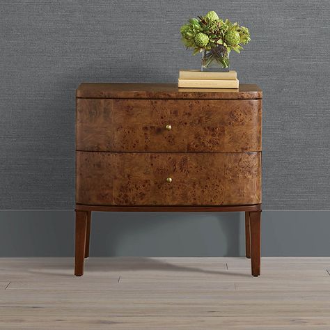 With its gently curved silhouette and burlwood exterior, our timeless Brando Collection elevates the look of any room while providing plenty of storage and serving space. Crafted of mahogany hardwood and engineered wood with Mappa burl veneer, this classic nightstand features curved front doors that open to reveal ample storage. It also has a convenient built-in power strip with a USB port.Crafted of mahogany hardwood and engineered wood with Mappa burl veneer. Antiqued burnished brass-finished hardware. Russet or Honey finish. Full extension, soft close drawers. Power strip with USB port. For indoor use. Included anti-tip kit is required for installation; kit consists of safety-tested mounting hardware, a nylon strap and instructions. To prevent injuries or damage to item, recommended tea Accent Furniture Bedroom, Classic Nightstand, Furniture Placement, Burnished Brass, Primary Bedroom, Wood Nightstand, Bedroom Night Stands, Soft Close Drawers, Warm Brown