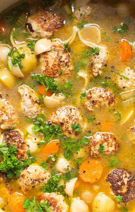 Turkey Meatball Soup Recipe with pasta and vegetables is super easy to make and is healthy. Kids love anything with meatballs, so this soup should be a crowd pleaser. Meatball Soup Healthy, Spinach And Orzo, Best Turkey Meatballs, Mini Turkey Meatballs, Frozen Turkey Meatballs, Homemade Turkey Meatballs, Easy Turkey Meatballs, Chicken Meatball Soup, Turkey Meatball Soup