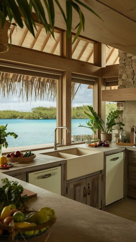 Eco friendly kitchen facing to a calm lagoon Kitchen With Large Windows, Vision Board Project, Reclaimed Wood Cabinet, Restaurant Designs, Eco Kitchen, Isle Of Palms, Eco Friendly Kitchen, Cork Flooring, Sustainable Architecture