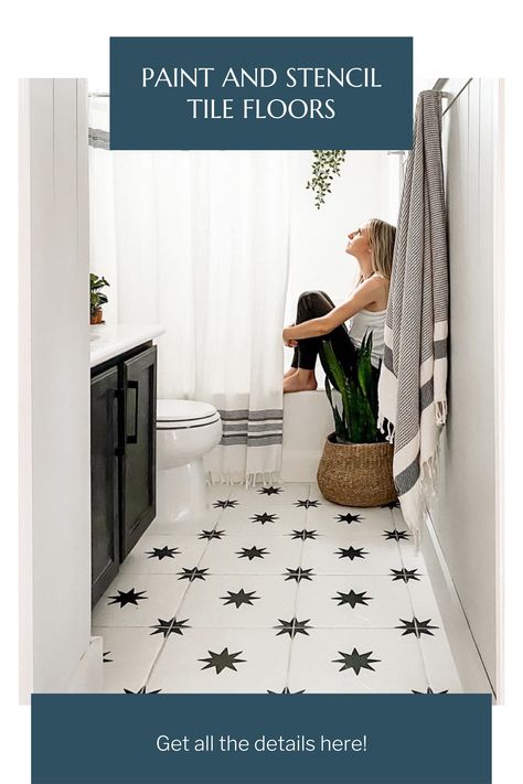 Check out these 3 easy ways to paint and stencil your tile floor. Paint Vinyl Tile Floor, Painting Bathroom Vinyl Floor, Painting Tile Floors Bathroom Stencil, Diy Painted Tile Floor Bathroom, Stencil On Tile Floor, Painting Bathroom Floor Tiles Diy, Update Kitchen Tile Floor, Painted Tile Floors Kitchen, How To Stencil Tile Floor