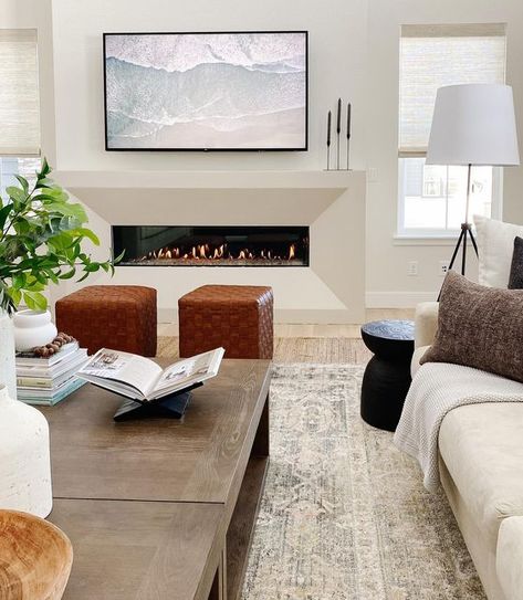 Family Room Built Ins, Horizontal Fireplace, Fireplace Remodel Diy, Limestone Fireplace Surround, Dining Room Built In, Tv Over Fireplace, Fireplace Tv Wall, Linear Fireplace, Fireplace Built Ins