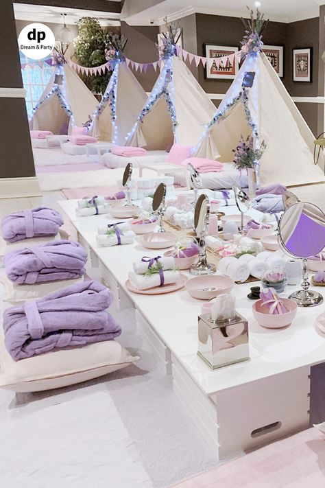 Teepee Sleepover Party, Slumber Party Decorations, Spa Sleepover, Spa Sleepover Party, Teepee Sleepover, Girls Sleepover Party, Spa Day Party, Birthday Sleepover Ideas, Glamping Birthday