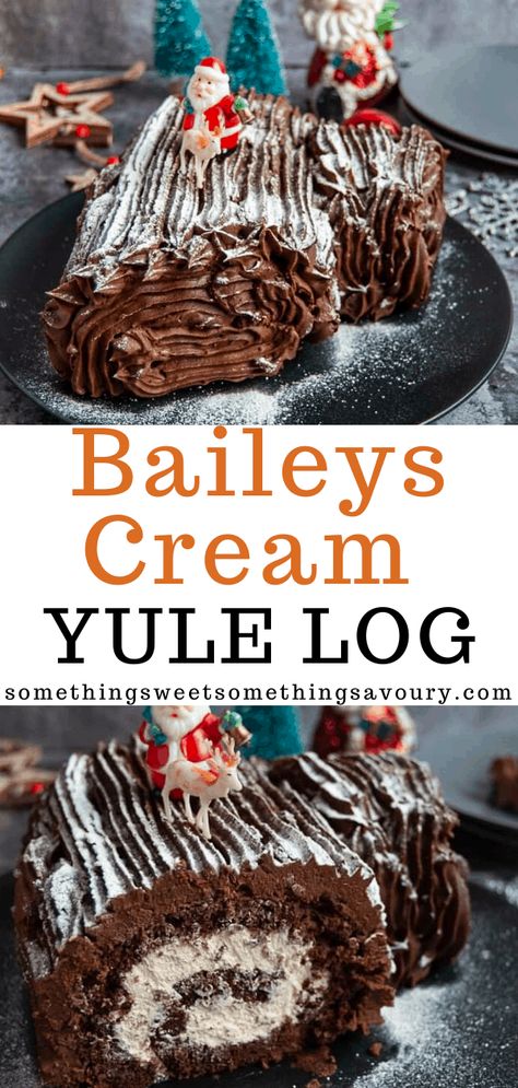 It wouldn't be Christmas Time without a Yule Log! A rich chocolate sponge filled with Baileys whipped cream and topped with a silky chocolate ganache. #yulelogrecipe #baileysyulelogrecipe #chocolateyulelogrecipe Cake Mix Yule Log Recipe, Easy Yule Log Recipe, Chocolate Yule Log Recipe, Rolled Cakes, Christmas Log Cake, Baileys Cream, Log Cakes, Yule Log Cake Recipe, Christmas Confections