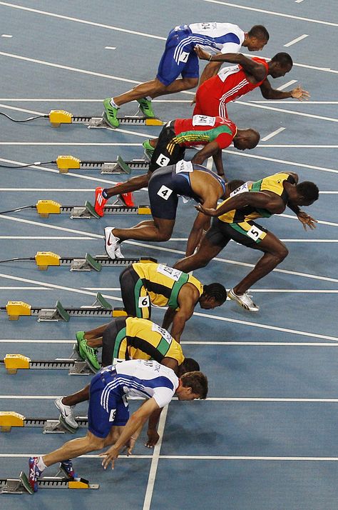 False starting in track and field in an automatic disqualification. Any movement before the starter shoots the gun counts as a false start. most coaches use the saying, "One and done," to encourage their athletes not to false start. Track Photography, Track And Field Events, Track And Field Sports, Athletics Track, Track Pictures, Streetwear Jewelry, Running Events, Triple Jump, Anime Classroom