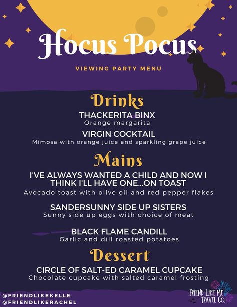 Hocus Pocus Hocus Pocus Viewing Party, Movie Foods, Disney Movie Themed Dinner, Movie Meals, Theme Dinners, Disney Themed Movie Night, Disney Movie Night Food, Disney Movie Night Dinner, Disney Themed Food