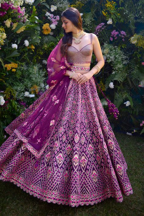 Buy Purple Raw Silk Embroidered Gota And Thread Blouse Lehenga Set For Women by Shyam Narayan Prasad Online at Aza Fashions. Purple And Pink Lehenga, Traditional Silk Lehenga Designs, Purple Wedding Lehenga, Purple Lehenga, Brothers Wedding, Blouse Lehenga, Lehenga Crop Top, Lehenga Pattern, Indian Wedding Gowns