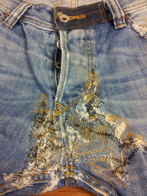 Repairing Ripped Jeans, Damage Jeans Men, Repair Jeans Crotch, Vintage Faded Distressed Pants, Visible Mending Jeans Back Pocket, Ruined Clothes, How To Patch Jeans, Denim Repair, Mending Clothes