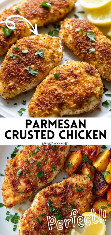 Parmesan Crusted Chicken breast with golden-brown edges, served alongside lemon and fresh herbs. Parmesan Crusted Chicken Baked, Parmesan Chicken Recipes, Parmasean Chicken, Crispy Baked Chicken Breast, Baked Chicken Breast Recipes, Easy Parmesan Crusted Chicken, Baked Parmesan Chicken, Baked Parmesan Crusted Chicken, Parmesan Crusted Chicken Recipe