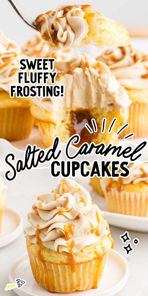 Our salted caramel cupcakes are so decadent, from the extra moist cake to the salted caramel filling to the creamy frosting. Salted Caramel Filling, Caramel Buttercream Frosting, Salted Caramel Recipes, Homemade Salted Caramel, Salted Caramel Frosting, Salted Caramel Cupcakes, Tin Recipes, Salted Caramel Cake, Moist Vanilla Cake