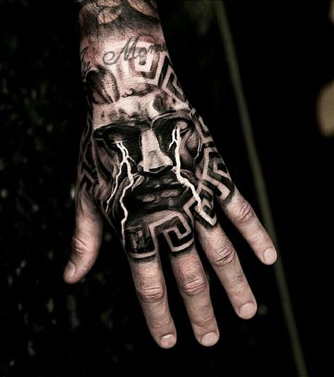 Greek culture tattoo on the hand, Greek god. #Greece. #Greektattoo #Greececulture #tattoo | Tatuagem na mão, Tatuagem de mão, Tatuagem atrás do pescoço Greek Hand Tattoo, Left Hand Tattoo, Tattoo Main, Herren Hand Tattoos, Greek God Tattoo, Tato Henna, God Tattoos, Back Tattoos For Guys, Geniale Tattoos