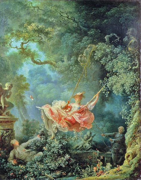 Inside a lush garden, a young woman in a billowing pink gown glides through the air. Her suspension high above the ground is enabled by a swing consisting of a crimson velvet cushioned seat and a pair of ropes tied around the knobby branches of an enormous tree. On the far right, an older man seated on a stone bench helps operate the device. As he releases the ropes, she leans back and extends her legs, expelling a tiny pink slipper from her pointed foot. Somebody Come Get Her, Rococo Art, Victorian Paintings, Rennaissance Art, Victorian Art, Historical Art, The Swing, Old Paintings, Famous Art