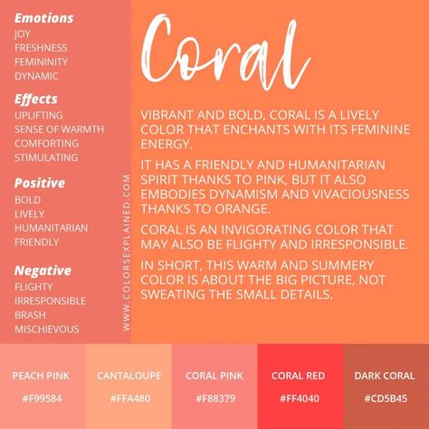 Peach Colour Meaning, Wedding Color Meanings, Coral Branding Palette, Coral Color Pallete, Coral Wall Paint, Coral Quotes, Coral Branding, Coral Meaning, Vibrant Academia