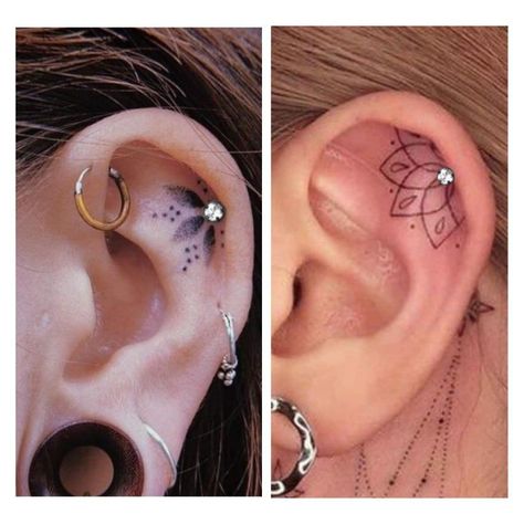 Chakra Ear Tattoo, Pretty Ear Tattoos For Women, Ear Piercing Tattoo, Small Inner Ear Tattoos For Women, Ear Cuff Tattoos For Women, Ear Tattoos And Piercings, Spiritual Ear Tattoo, Flower Ear Tattoo With Piercing, Simple Ear Tattoos For Women