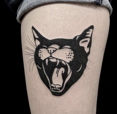 Traditional Tattoo Coverup, To Be Continued Tattoo, Traditional Style Cat Tattoo, Cat Halloween Tattoo, Trad Cat Tattoo, Black Out Tattoos, American Traditional Cat Tattoo, Cat Face Tattoo, Traditional Cat Tattoo