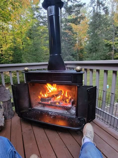 Wood Burning Stove On Deck, Wood Burning Stove On Porch, Chimnea Ideas, Chimnea Outdoor Patio Ideas, Chimnea Outdoor, Outdoor Wood Burning Stove, Seasonal Campsite, Outdoor Fire Places, Bone Fire