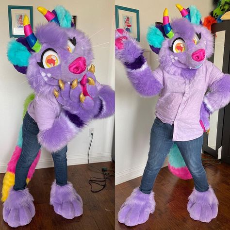 Partial Fursuit Outfits, Demon Fursuit, Purple Fursuit, Colorful Fursuits, Sona Inspiration, Colorful Suits, Unique Fursuits, Fursuit Tutorial, Fursuit Head