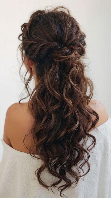 cute work hairstyles easy updo curly hair Curly Braided Half Up Half Down, Half Curly Updo, Hairstyles For Semi Curly Hair, Wedding Updo For Curly Hair, Curly Hair Styles Half Up, Fall Wedding Hairstyles Bridesmaid, Formal Hairstyles Curly Hair, Half Updo Curly Hair, Curly Hair Styles For Wedding