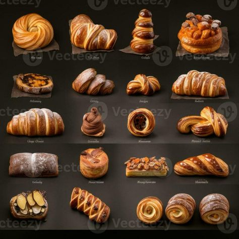 Collage of various types of buns and croissants Patisserie, Types Of Croissants, Different Croissant Shapes, Flavored Croissant, Bread And Pastry Production, Perfect Burger Recipe, Croissant Design, Bakery Pastries, Types Of Buns