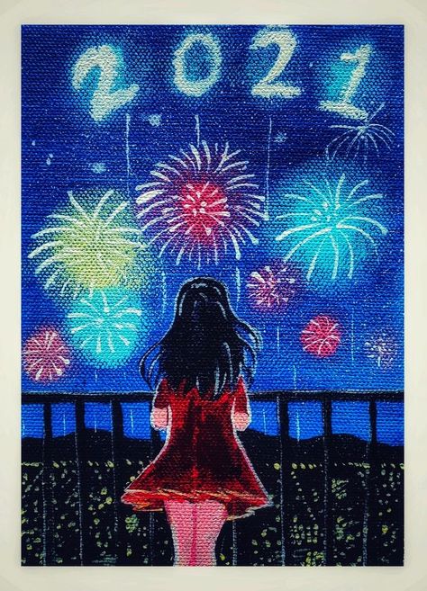 New Year’s Eve Drawing, New Years Canvas Painting Ideas, Newyear Drawings, Christmas Celebration Drawing, New Years Painting Ideas, New Year Painting Ideas, New Years Painting, New Years Drawing, Happy New Year Painting