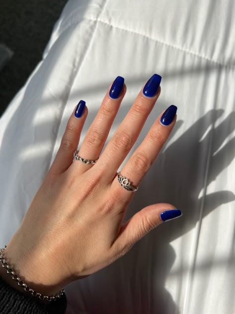 Sun shining on a hand with royal blue nail polish with coffin shaped nails. They are wearing a black sweater and have on a silver bracelet and silver rings Royal Blue Nail Ideas Coffin, Coffin Navy Nails, Royal Blue Nails Aesthetic, Royal Navy Blue Nails, What Color Nails Go With Navy Blue Dress, Navy Coffin Acrylic Nails, Navy Blue And Light Blue Nails, Classy Navy Blue Nails, Navy Blue Coffin Nail Ideas