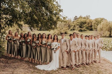 Olive Green Wedding Party Attire, Green Bridesmaid Tan Groomsmen, Sage And Creme Wedding, Eucalyptus Wedding Party Colors, Dark Cream Bridesmaid Dresses, Sage Vs Olive Green, Olive And Tan Wedding Party, Moss And Champagne Wedding, Bridesmaid Dresses Matching Groomsmen