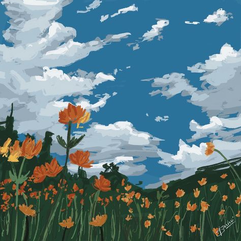 Wanted to paint a landscape for so longgg!!😩💙☁️ #digitalpainting #digitallandscape #landscape #digitalart #procreate #clouds #digitalillustration #landscapeart Landscapes Procreate, Procreate Landscape Art, Procreate Art Inspiration, Procreate Clouds, Landscape Paintings Simple, Easy Digital Painting, Simple Landscape Art, Simple Landscape Paintings, Procreate Landscape