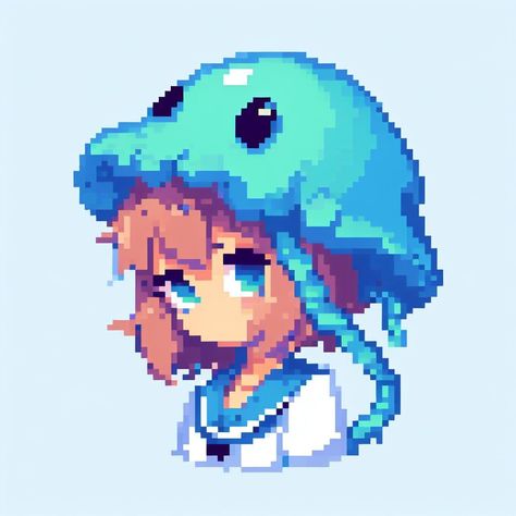 Pixel icon of a girl with blue jellyfish hat(*_*; Jellyfish Hat Drawing, Jellyfish Person, Jellyfish Pixel Art, Jellyfish Theme, Jellyfish Hat, Voxel Art, Blue Jellyfish, Jellyfish Art, Art Icon