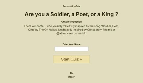 undefined Soldier Poet King Quiz, The Oh Hellos, Soldier Poet King, Viral On Tiktok, 20 Questions, A Soldier, Choice Questions, Personality Quiz, But Why