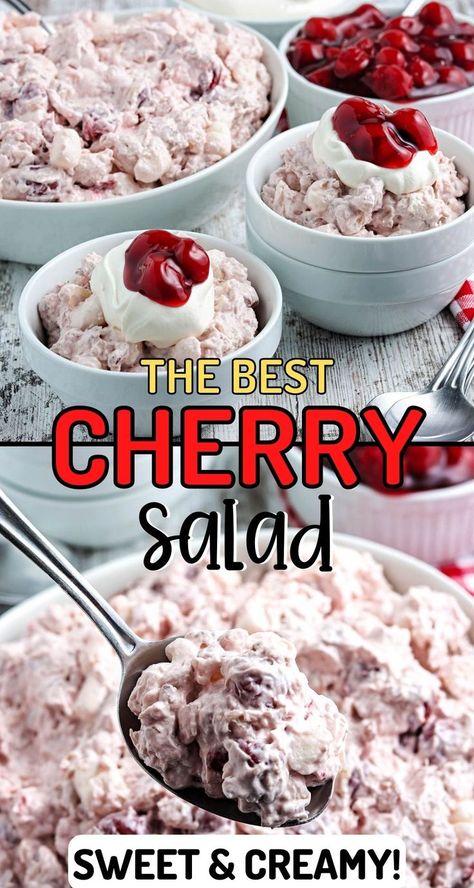 Cherry Salad with Cool Whip Cherry Pie Filling Salad Recipe, Cherry Salad Recipes, Cherry Delight Dessert, Pie Filling Desserts, Cherry Fluff, Filling Salad Recipes, Cherry Pie Filling Recipes, Cherry Salad, Pink Fluff