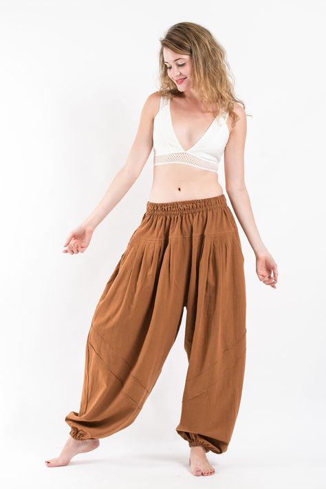 Genie Women's Cotton Harem Pants in Brown Brown Cotton Harem Pants, Genie Pants Outfit, Harem Pants Outfit, Genie Pants, Cotton Harem Pants, Yoga Pants Outfit Aesthetic, Balloon Pants, Harem Pants Women, Fur Clothing