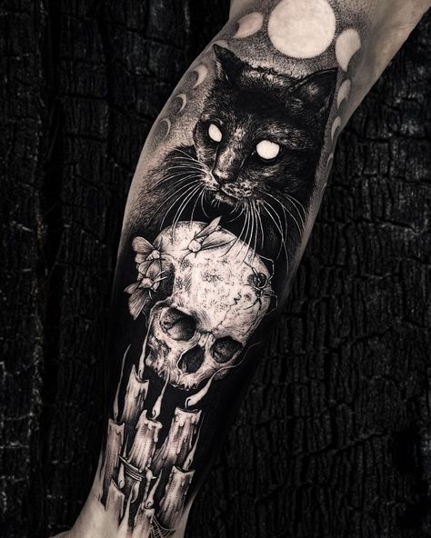 Matthew Murray ☪︎ on Instagram: “moonlike and dim, you wander ever in the deep . . . #saniderm #sanidermproteam #blackveiltattoo #blacktattooart #blackwork #salemma…” Cat Skull Tattoo, Victorian Witch, Gotik Tattoo, Crow Tattoo Design, Occult Tattoo, Black Cat Tattoos, Wicked Tattoos, Witch Tattoo, Scary Tattoos