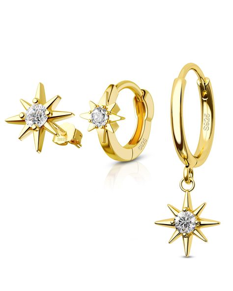 PRICES MAY VARY. High-Quality 925 Sterling Silver: This 3-piece earring set is made from premium 925 sterling silver, ensuring durability and a luxurious feel. The gold plating adds an elegant and timeless touch to each piece. Elegant Eight-Pointed Star Design: Each earring in the set features a delicate eight-pointed star design, symbolizing hope and guidance, and adding a unique and sophisticated element to your jewelry collection. Sparkling Zirconia Accents: The eight-pointed star is adorned Jewelry Earings, Hoco Ideas, Trendy Jewellery, Earrings Star, Gold Stud Earrings, Star Design, Sterling Silver Hoop Earrings, Huggie Earrings, Gold Stud