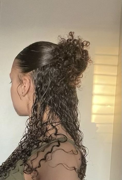 Flat Curly Hairstyles, Curls And Headband, Curly Hair Styles Ponytail, Curled Hairstyles For School, Curly Hair Aesthetic Hairstyles, Easy Curly Hairstyles For School Updo, Half Up Bun Curly Hair, Non Braided Hairstyles, Hairstyle Ideas Curly Hair