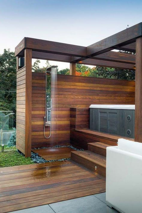 Outdoor Shower Fixtures, Hot Tub Privacy, Hot Tub Landscaping, Hot Tub Patio, Hot Tub Designs, Outdoor Hot Tub, Hot Tub Gazebo, Tub Enclosures, Hot Tub Deck