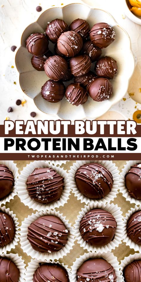 Want a healthy food idea? These Peanut Butter Protein Balls are made with oat flour, peanut butter, honey, vanilla, sea salt, and protein powder, and dipped in chocolate! These no-bake balls make an easy healthy snack recipe! Protein Powder Peanut Butter Balls, High Protein Peanut Butter Balls, Peanut Butter Chocolate Protein Balls, High Protein Baked Goods, Vanilla Protein Powder Desserts, Protein Powder Balls, Pb Protein Balls, Protein Peanut Butter Balls, Peanut Butter Oats Protein Balls