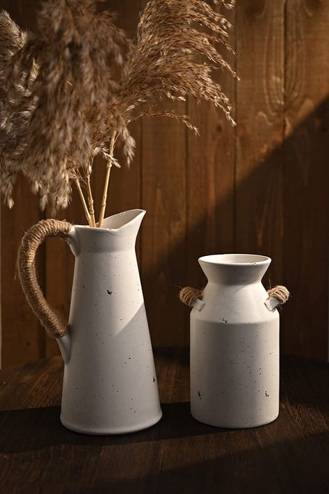 Introducing Teresa's Collections Rustic Ceramic White Distressed Country Milk Can Jug and Pitcher Vase Set - the perfect addition to any farmhouse-inspired home decor. Get yours today! #farmhouseinspiration #farmhousedecor #farmhousevase #farmhouse #rusticfarmhouse #amazonfinds Vase For Pampas, Farmhouse Vase, Fireplace Mantel Shelf, Boho Vase, Gifts For Mothers Day, Gifts For Mothers, Farmhouse Inspiration, Classic Farmhouse, Rustic Ceramics