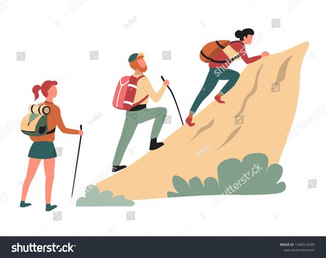 Hiking climbing cliff man and women hikers or backpackers vector outdoor activity mountain rock walking backpack or rucksack wild nature sport family expedition and exploration active lifestyle #Ad , #SPONSORED, #vector#backpackers#outdoor#mountain Climbing Cartoon Art, Hiking Animation, Climbing Illustration, Person Climbing Mountain Drawing, Climb Mountain Illustration, Mountain Climber Illustration, Travel Doodles, Hiking Men, Mountain Drawing