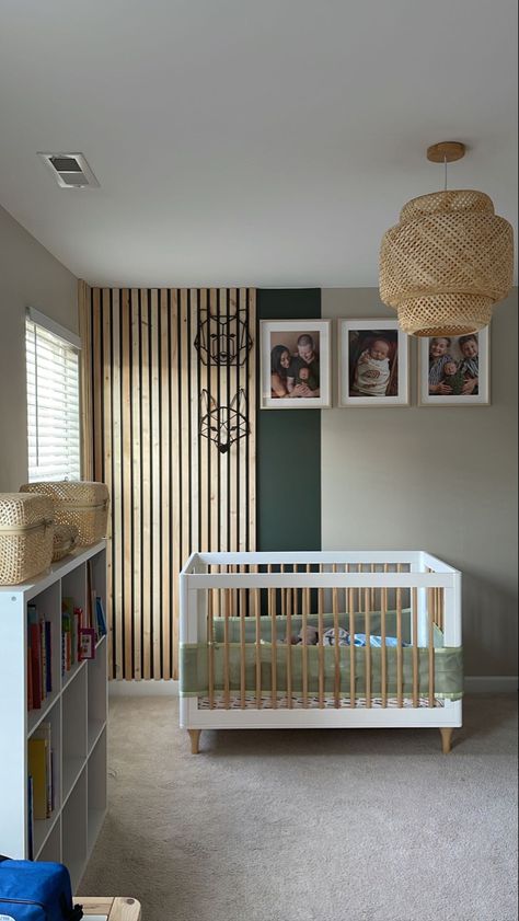 Nursery With Slat Wall, Woodland Nursery Accent Wall, Slat Wall Ideas Nursery, Slat Wall Playroom, Wood Accent Nursery, Nursery With Big Window, Nursery Slat Wall, Boho Bedroom Slat Wall, Slat Wall In Nursery