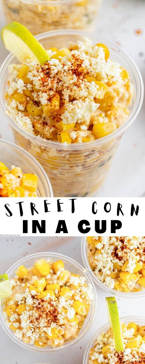 These MEXICAN STREET CORN CUPS are inspired by Elote, a favorite Mexican street food. Creamy corn with chili powder, cojita cheese, lime and cilantro. Elote Cup, Corn Cup Recipe, Street Corn Cups, Corn Cup, Corn In A Cup, Elote Corn, Elote Recipe, Recipe Copycat, Mexican Birthday Parties