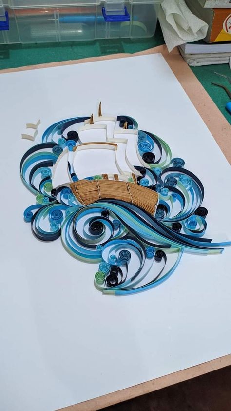 Quilling art. Ship In Ocean, Wave Art, Quilling Designs, Crafting Paper, Quilling Art, Basic Design, Ocean Wave, House Decorating, Paper Quilling