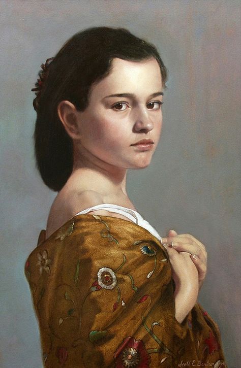 "Young Woman With Shawl" - Scott E. Bartner (b. 1960), oil on panel, 2004 {figurative realism art female head young woman portrait painting} bartner.nl Famous Art Paintings, Famous Portraits, Paintings Famous, Classic Portraits, Art Apps, Oil Portrait, Oil Painting Portrait, Classic Paintings, Realism Art